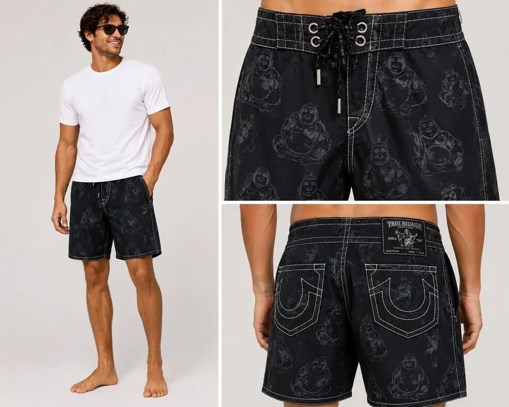 True Religion Buddha Print Board Shorts Men’s 32 Black Surf Swim Trunks Y2K